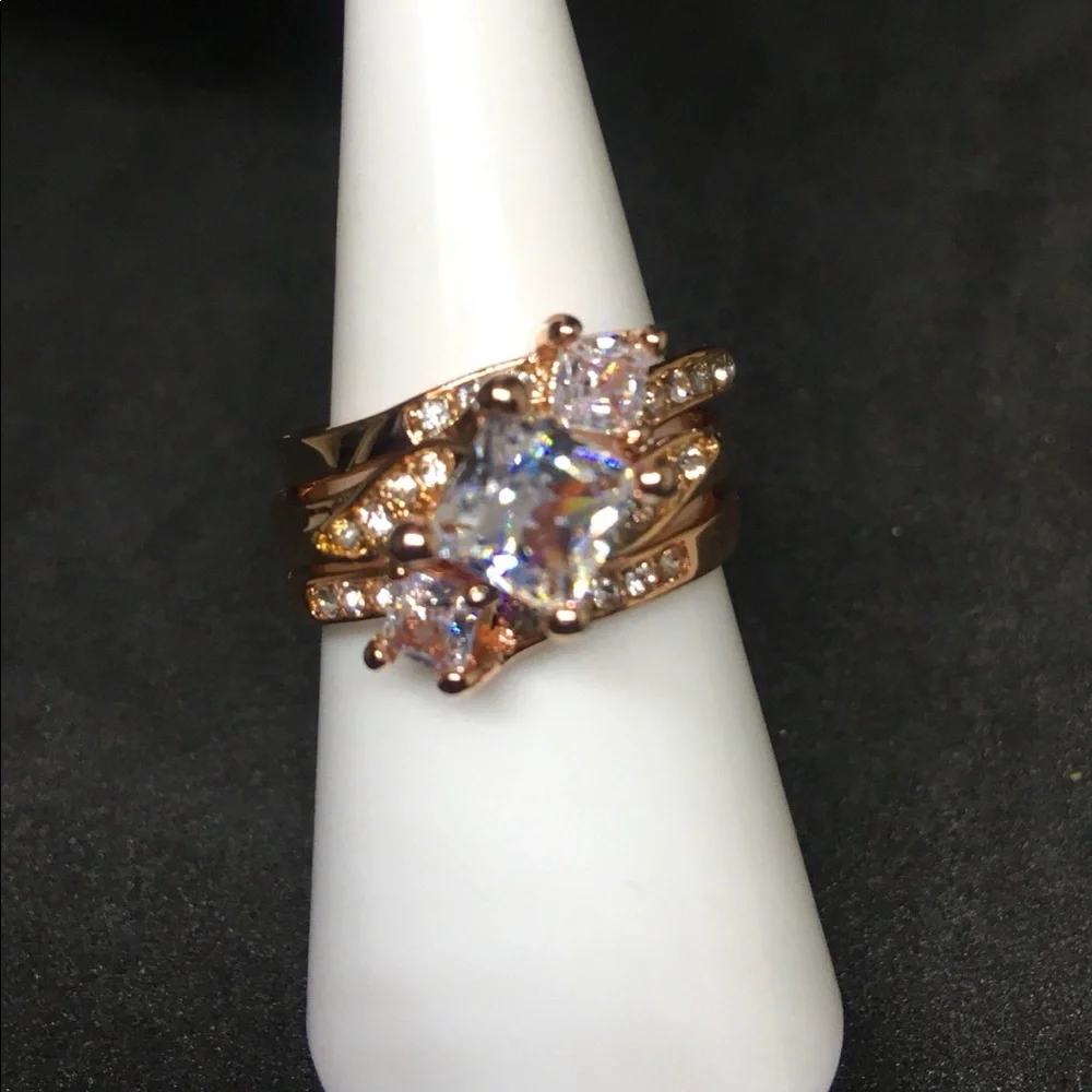 Rose Gold 3pc Engagement Ring & 2 Wedding Bands Set with Diamond Sterling Silver